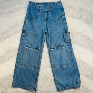 Liquid Lagoon Wide Leg Skater Jeans 34x29 Rave Baggy Denim Frog Embroidery Y2K